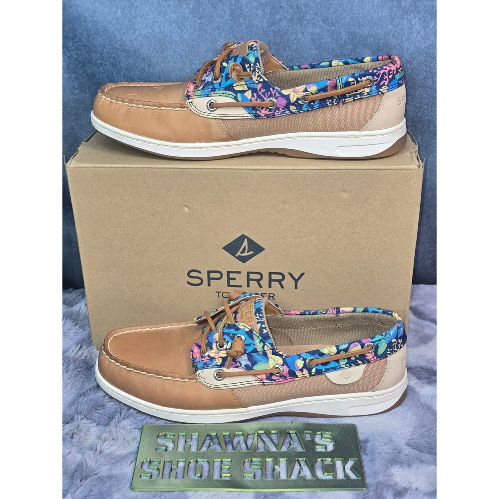 NWB Sperry Rosefish Boat Shoes Tan Floral Leather Memory Foam Womens 9.5